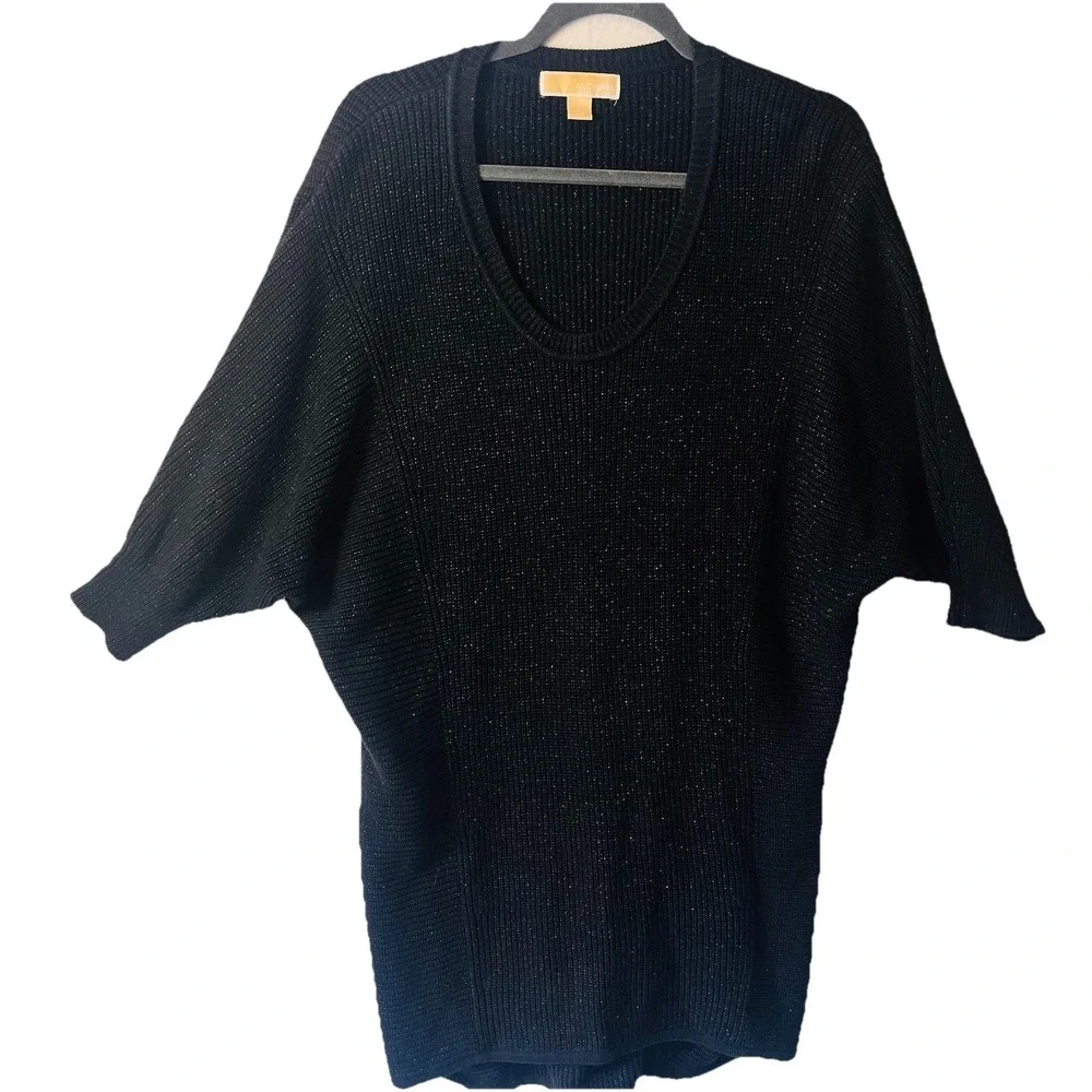 Michael Kors Dress Size Lg. Black Metallic Sweater 3/4 Sleeve‎ Ribbed Sparkle